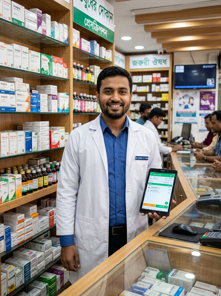 PharmacyOS ব্যবহারকারী ফার্মাসিস্ট ও আধুনিক ফার্মেসি
